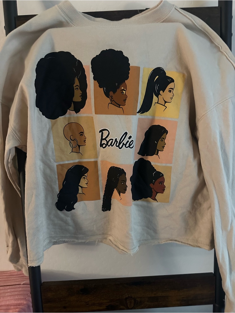 oatmeal-colored cropped Barbie sweatshirt size S